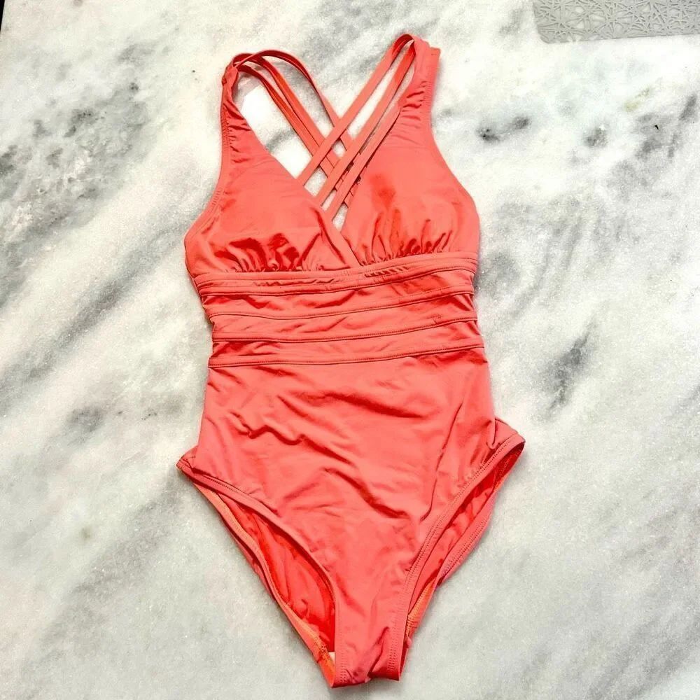 La Blanca Island Goddess Multi-Strap Cross Back One Piece Swimsuit Coral Size 6